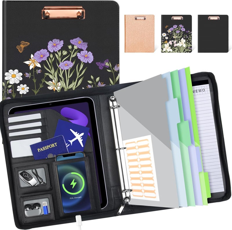 KLLVE Clipboard with Storage for Men Women, Leather Padfolio Portfolio with Zipper, 1 Inch 3 Ring Binder 5 Dividers, Notepad for Letter Size, Elastic Closure and Pen Loop, Card Slot Black Flower - Image 1